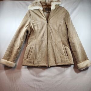 Croft & Barrow Suede Jacket Coat Womens Size Medium Faux Fur Trim Hooded READ